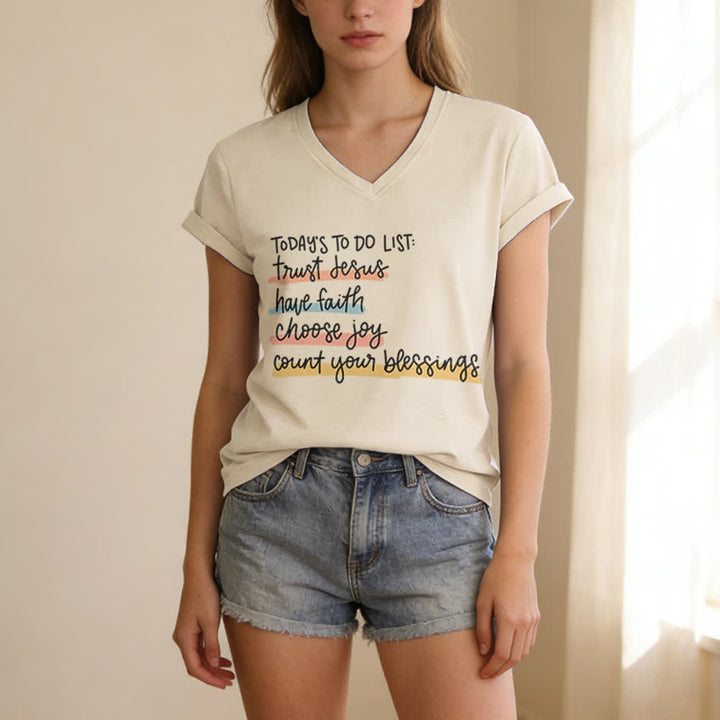 Christianartworkshop Heutige To-Do-Liste: Vertraue Jesus, habe Glauben, wähle Freude – Lässiges V-Ausschnitt-T-Shirt - image 9