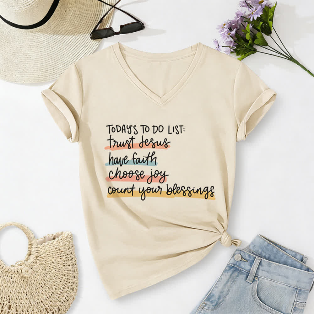 Christianartworkshop Heutige To-Do-Liste: Vertraue Jesus, habe Glauben, wähle Freude – Lässiges V-Ausschnitt-T-Shirt - Beige - 2XL - image 8