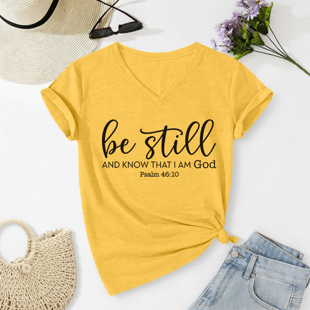 Christianartworkshop Damen-T-Shirt „Sei still und erkenne, dass ich Gott bin“ mit V-Ausschnitt - Gelb - 2XL - image 0