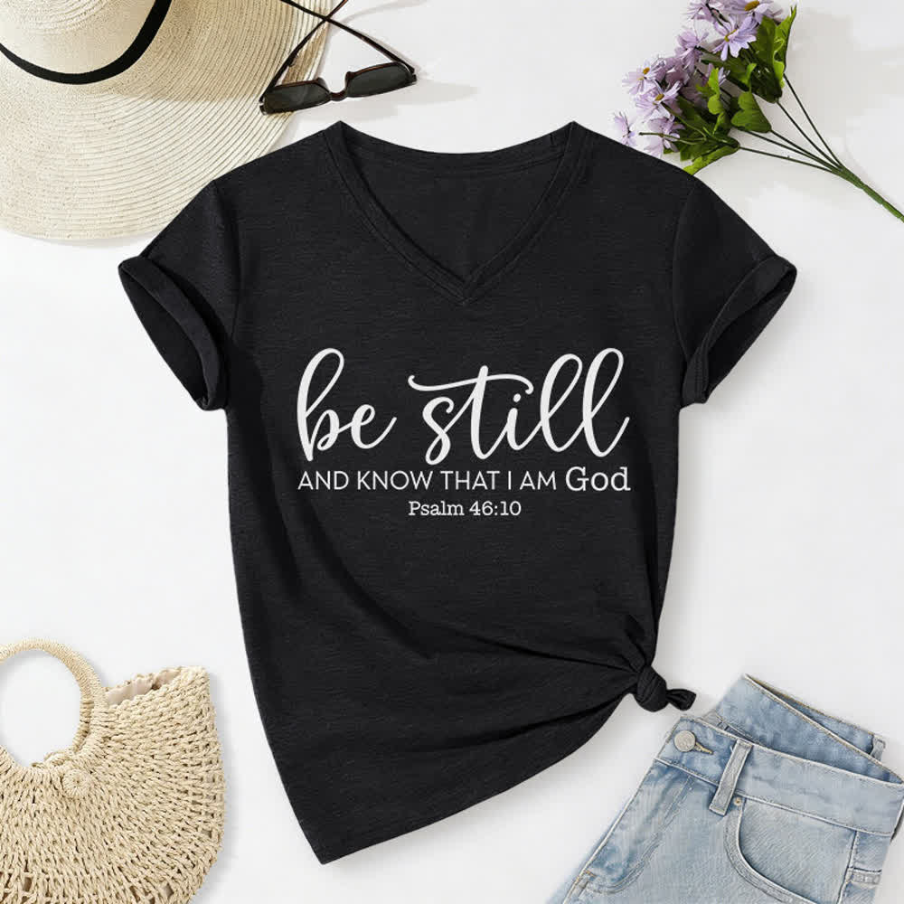 Christianartworkshop Damen-T-Shirt „Sei still und erkenne, dass ich Gott bin“ mit V-Ausschnitt - Schwarz - 2XL - image 2