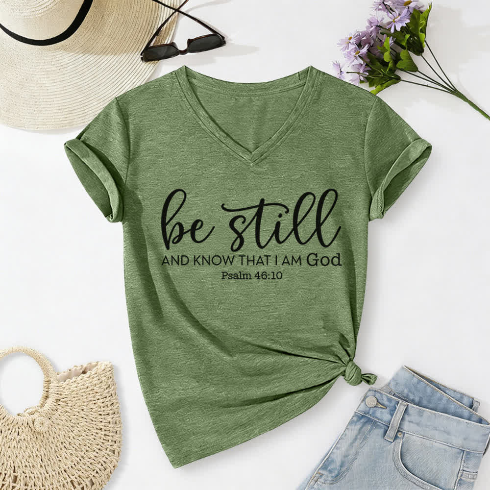 Christianartworkshop Damen-T-Shirt „Sei still und erkenne, dass ich Gott bin“ mit V-Ausschnitt - Olivgrün - 2XL - image 10