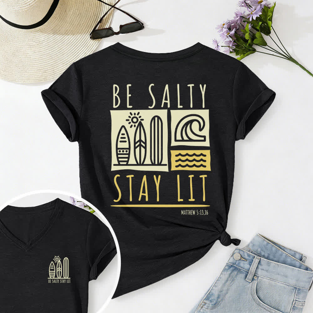 Christianartworkshop Damen Be Salty Stay Lit Bedrucktes Freizeit-T-Shirt mit V-Ausschnitt - Schwarz - 2XL - image 5