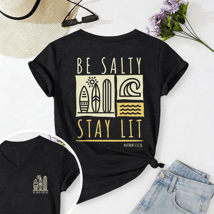 Christianartworkshop Damen Be Salty Stay Lit Bedrucktes Freizeit-T-Shirt mit V-Ausschnitt - Schwarz - 2XL - image 5