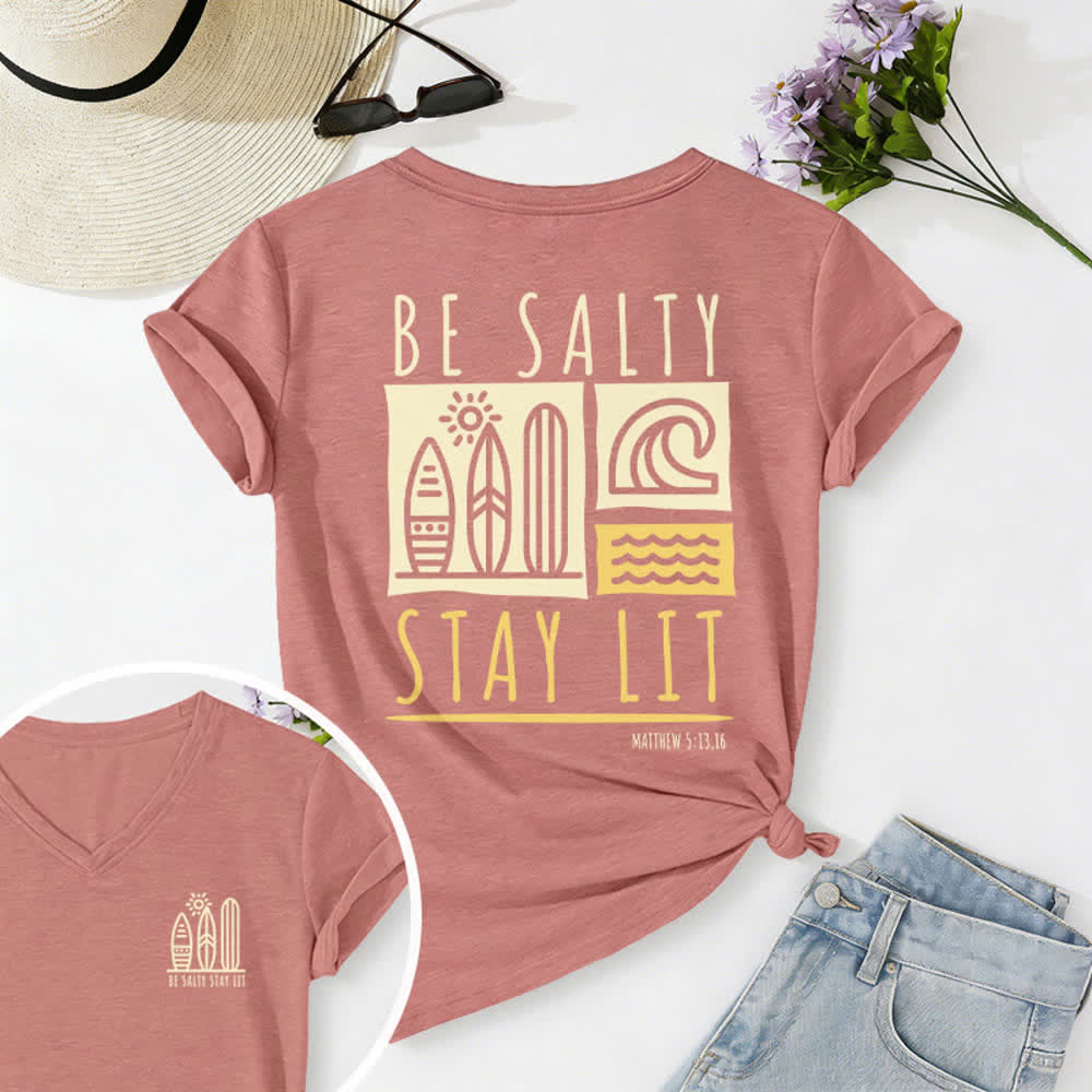 Christianartworkshop Damen Be Salty Stay Lit Bedrucktes Freizeit-T-Shirt mit V-Ausschnitt - Hellrosa - 2XL - image 0