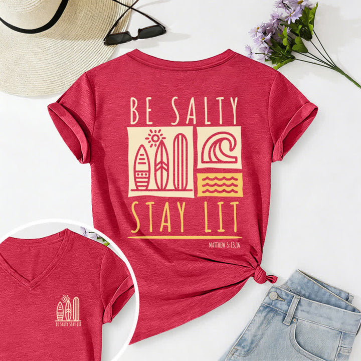 Christianartworkshop Damen Be Salty Stay Lit Bedrucktes Freizeit-T-Shirt mit V-Ausschnitt - Rot - 2XL - image 50