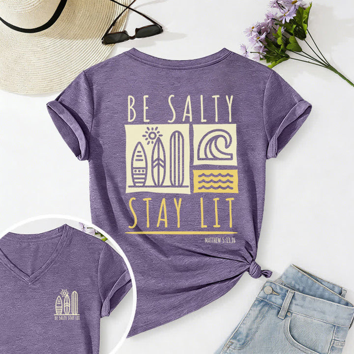 Christianartworkshop Damen Be Salty Stay Lit Bedrucktes Freizeit-T-Shirt mit V-Ausschnitt - Lila - 2XL - image 60