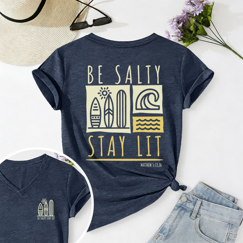 Christianartworkshop Damen Be Salty Stay Lit Bedrucktes Freizeit-T-Shirt mit V-Ausschnitt - Marineblau - 2XL - image 45