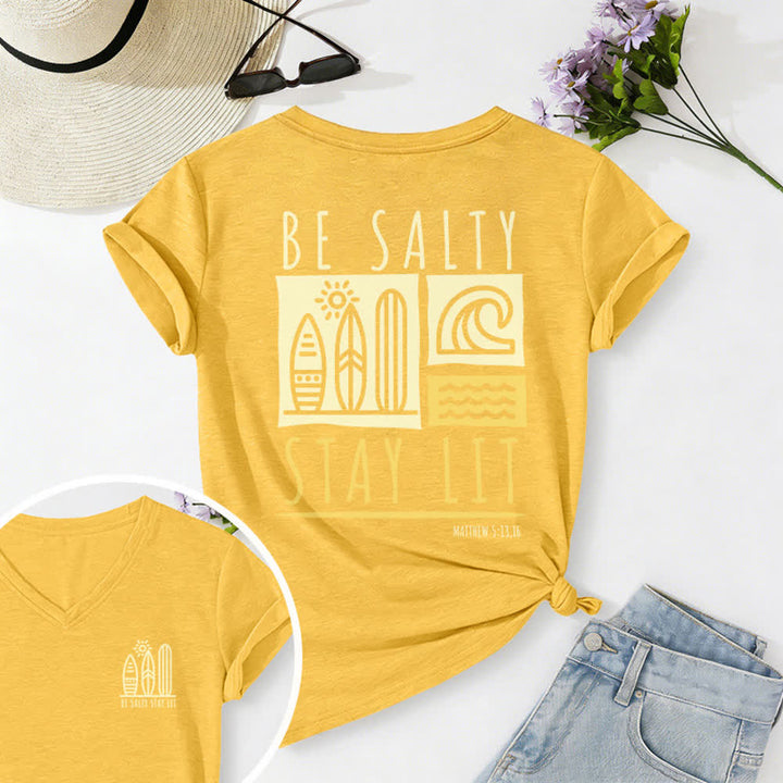 Christianartworkshop Damen Be Salty Stay Lit Bedrucktes Freizeit-T-Shirt mit V-Ausschnitt - Gelb - 2XL - image 25