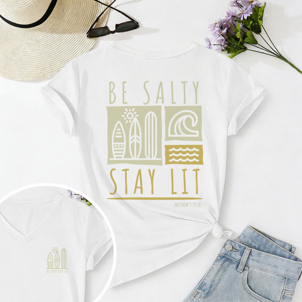 Christianartworkshop Damen Be Salty Stay Lit Bedrucktes Freizeit-T-Shirt mit V-Ausschnitt - Weiß - 2XL - image 10