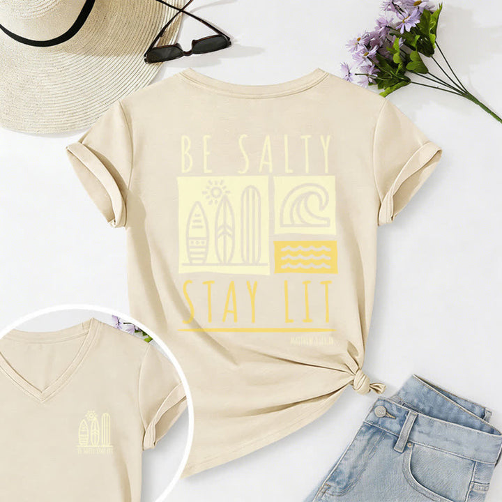 Christianartworkshop Damen Be Salty Stay Lit Bedrucktes Freizeit-T-Shirt mit V-Ausschnitt - Beige - 2XL - image 20
