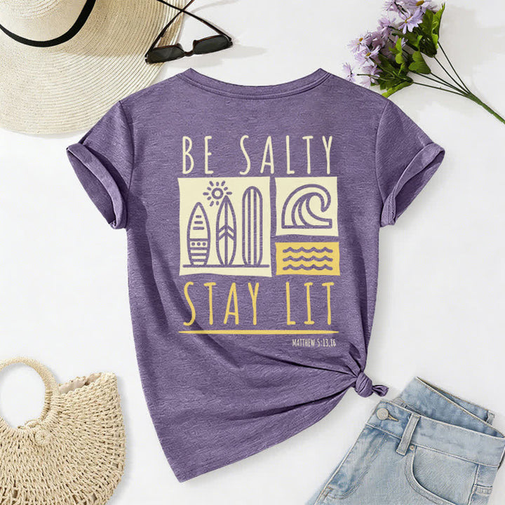 Christianartworkshop Damen Be Salty Stay Lit Bedrucktes Freizeit-T-Shirt mit V-Ausschnitt - image 61
