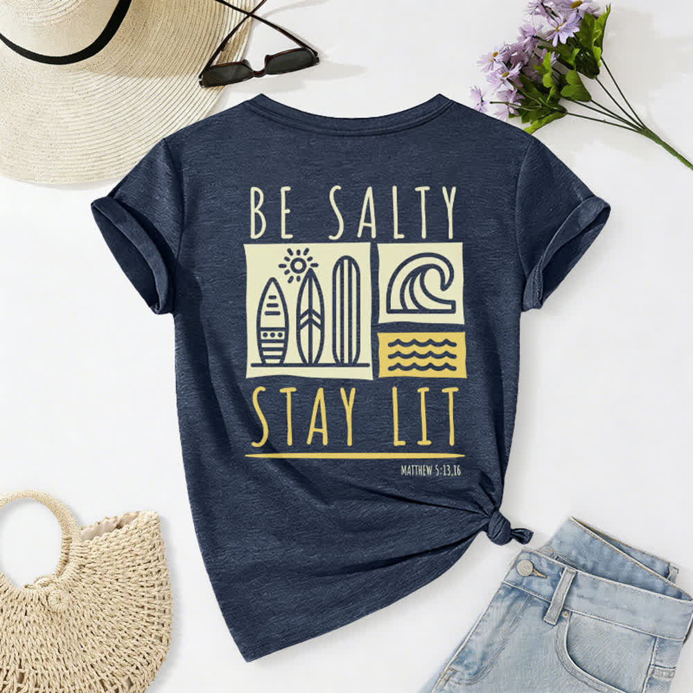 Christianartworkshop Damen Be Salty Stay Lit Bedrucktes Freizeit-T-Shirt mit V-Ausschnitt - image 46