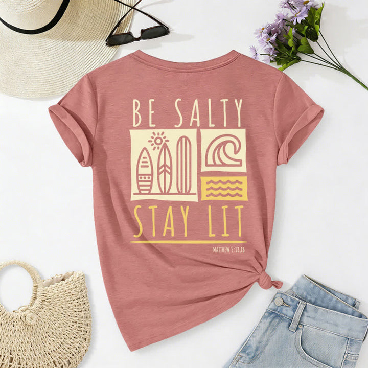 Christianartworkshop Damen Be Salty Stay Lit Bedrucktes Freizeit-T-Shirt mit V-Ausschnitt - image 1