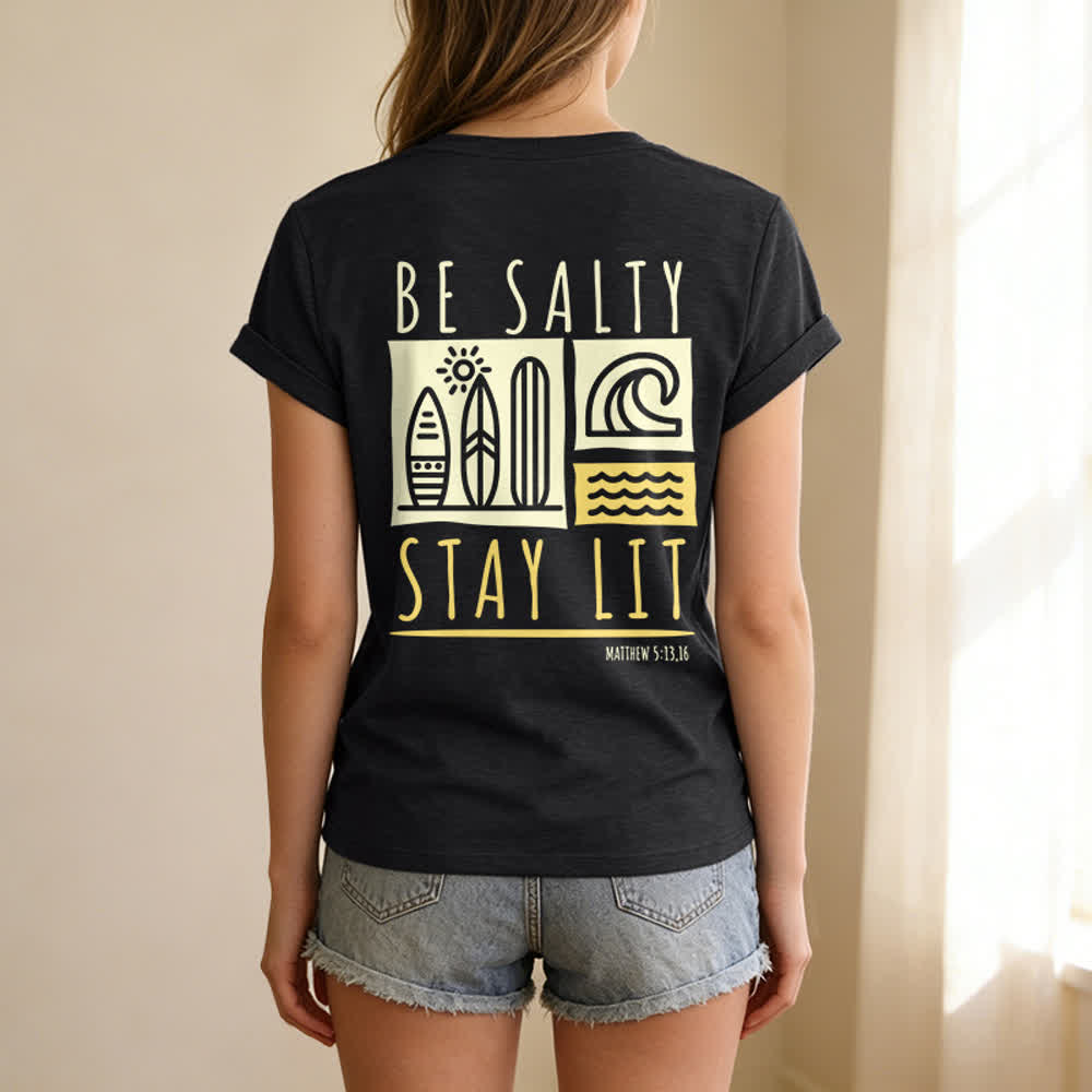 Christianartworkshop Damen Be Salty Stay Lit Bedrucktes Freizeit-T-Shirt mit V-Ausschnitt - image 8