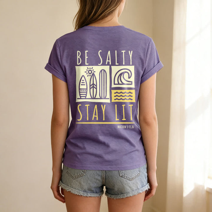 Christianartworkshop Damen Be Salty Stay Lit Bedrucktes Freizeit-T-Shirt mit V-Ausschnitt - image 63