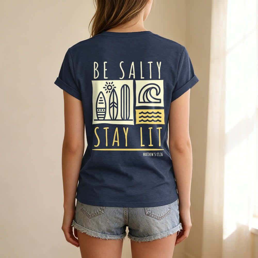 Christianartworkshop Damen Be Salty Stay Lit Bedrucktes Freizeit-T-Shirt mit V-Ausschnitt - image 48