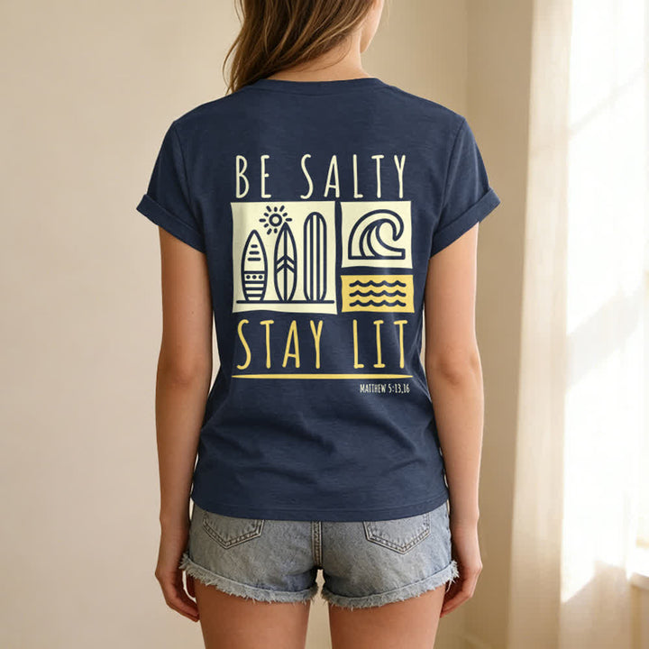 Christianartworkshop Damen Be Salty Stay Lit Bedrucktes Freizeit-T-Shirt mit V-Ausschnitt - image 48