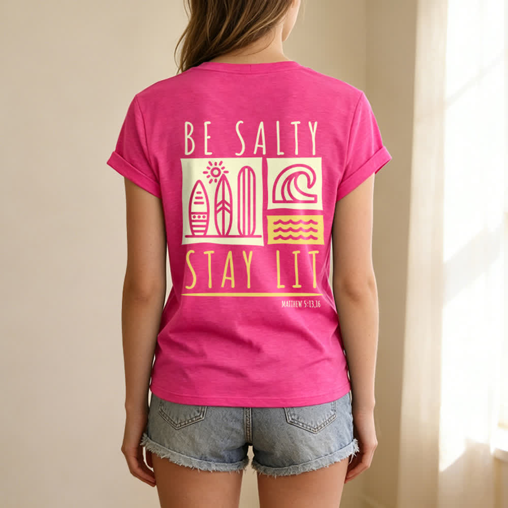 Christianartworkshop Damen Be Salty Stay Lit Bedrucktes Freizeit-T-Shirt mit V-Ausschnitt - image 58