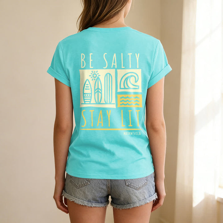 Christianartworkshop Damen Be Salty Stay Lit Bedrucktes Freizeit-T-Shirt mit V-Ausschnitt - image 43