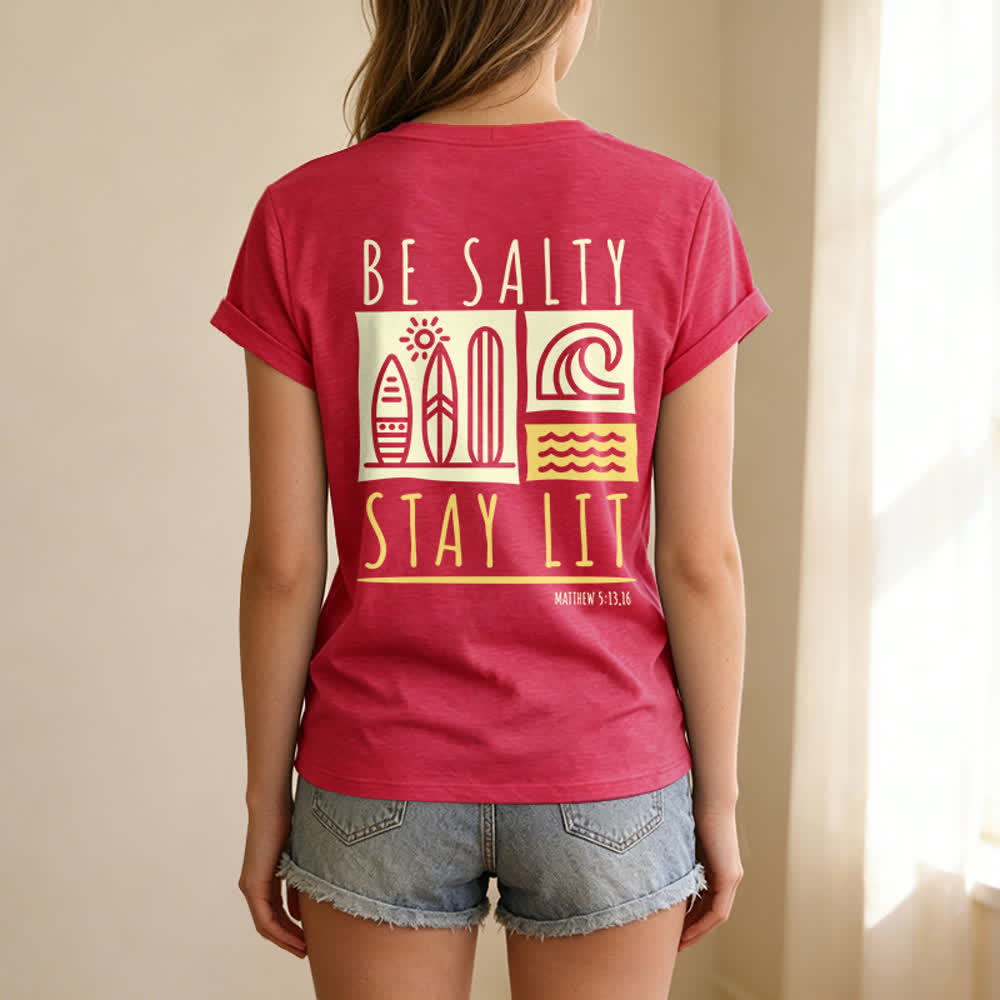 Christianartworkshop Damen Be Salty Stay Lit Bedrucktes Freizeit-T-Shirt mit V-Ausschnitt - image 53