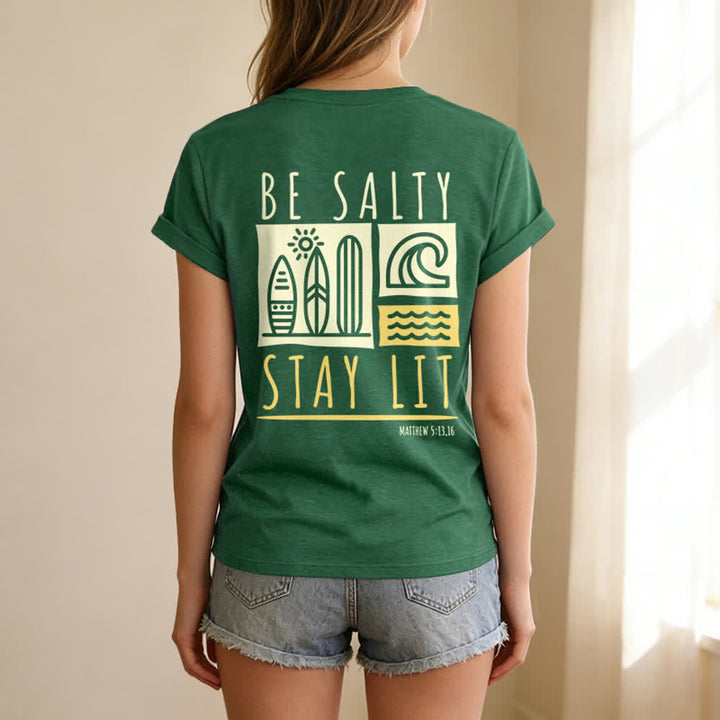 Christianartworkshop Damen Be Salty Stay Lit Bedrucktes Freizeit-T-Shirt mit V-Ausschnitt - image 38