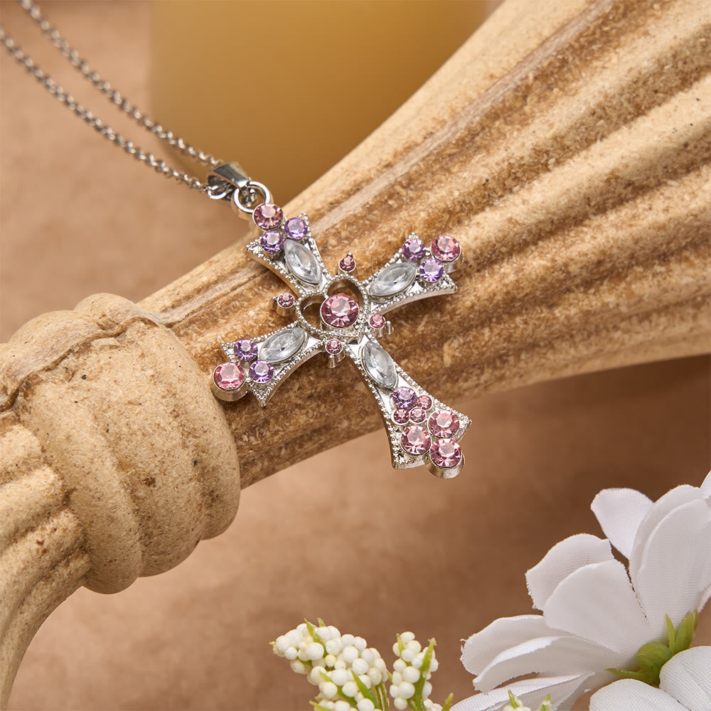 Christianartworkshop Zirkonkreuz-Halskette in Rosa- und Lilatönen mit Herzanhänger: Ein strahlendes Symbol der Liebe und Hingabe - image 2