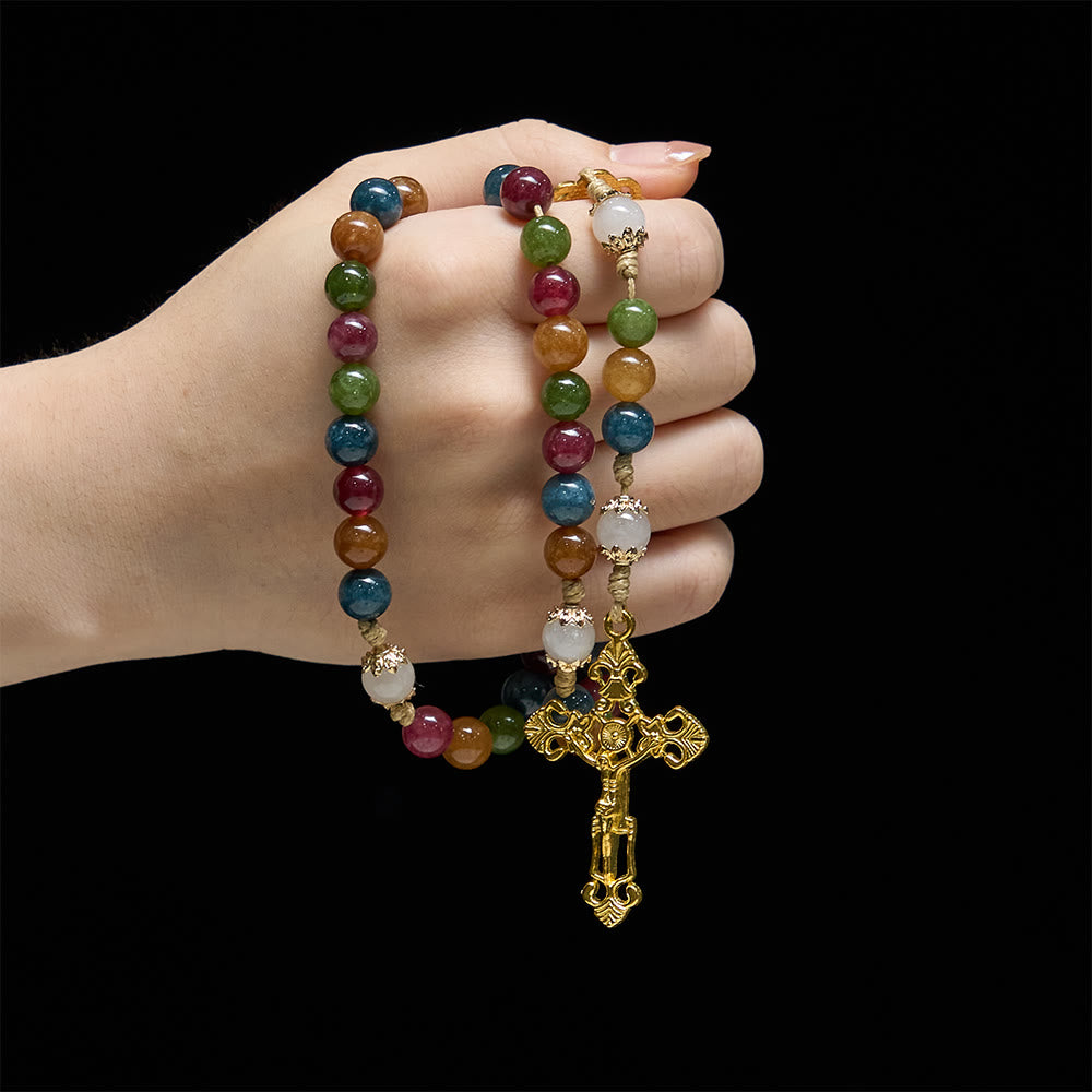 Bunte Rosenkranzkette aus Turmalinperlen mit quadratischem Symbol der Göttlichen Barmherzigkeit und goldenem Kruzifix von Christianartworkshop - image 1
