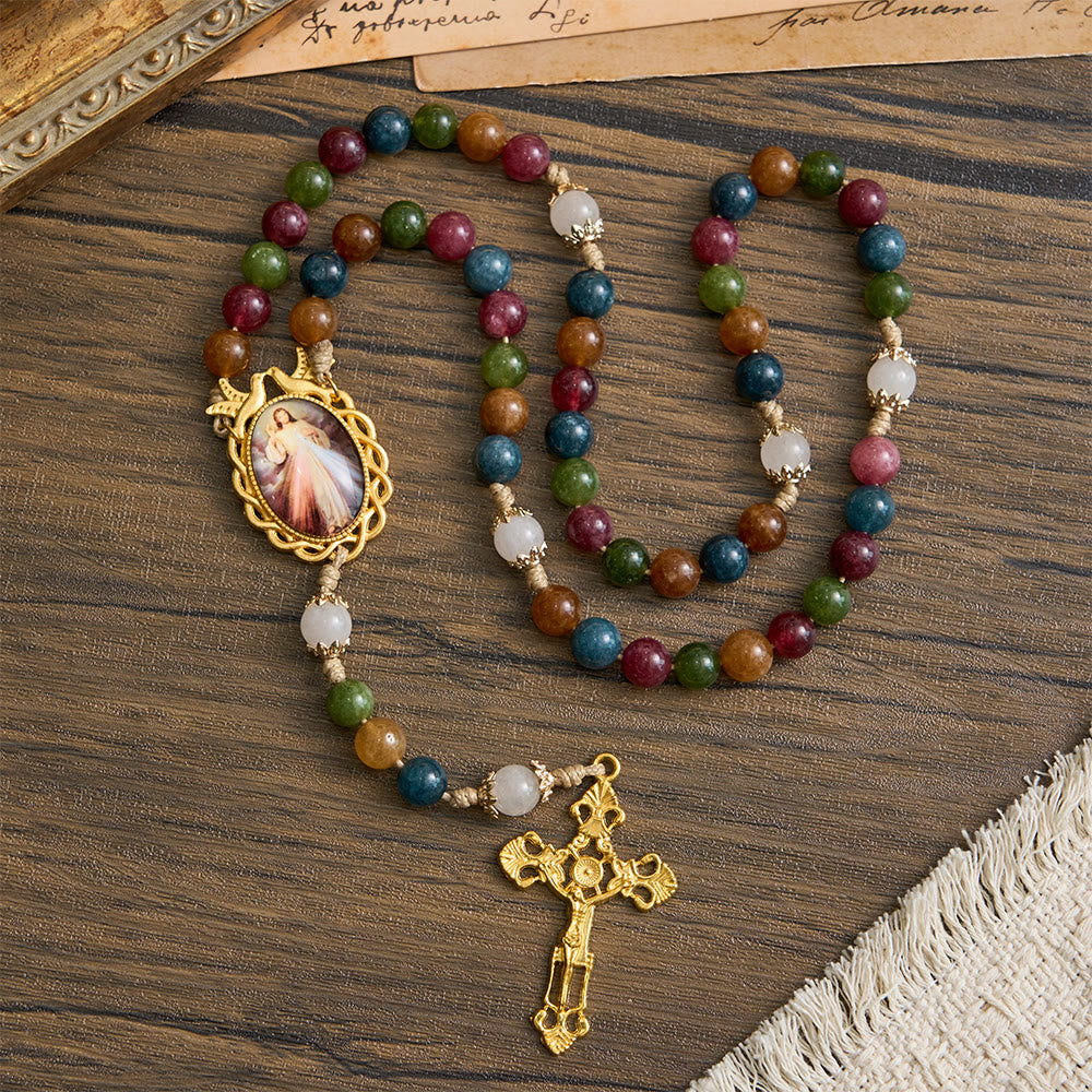 Bunte Rosenkranzkette aus Turmalinperlen mit quadratischem Symbol der Göttlichen Barmherzigkeit und goldenem Kruzifix von Christianartworkshop - image 4
