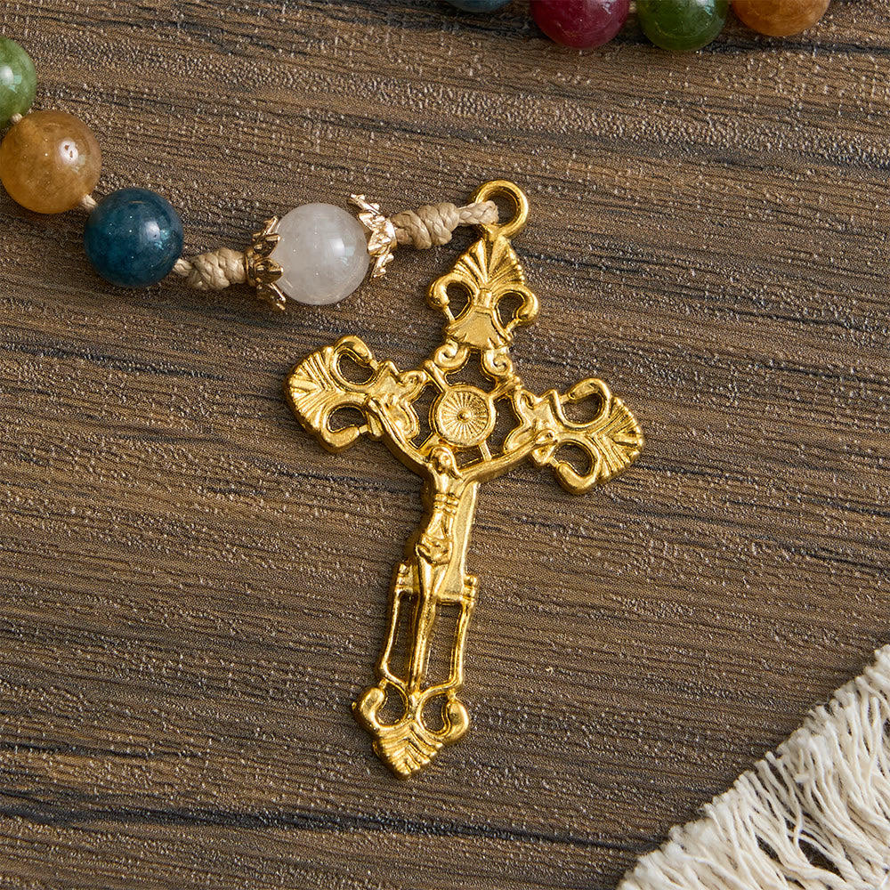 Bunte Rosenkranzkette aus Turmalinperlen mit quadratischem Symbol der Göttlichen Barmherzigkeit und goldenem Kruzifix von Christianartworkshop - image 6