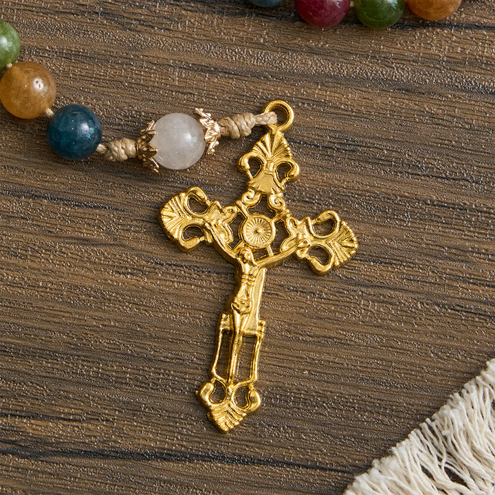 Bunte Rosenkranzkette aus Turmalinperlen mit quadratischem Symbol der Göttlichen Barmherzigkeit und goldenem Kruzifix von Christianartworkshop - image 6