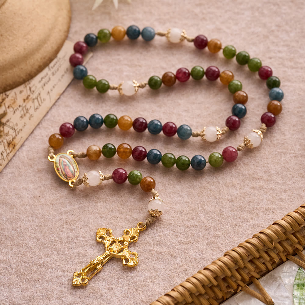 Bunte Rosenkranzkette aus Turmalinperlen mit quadratischem Symbol der Göttlichen Barmherzigkeit und goldenem Kruzifix von Christianartworkshop - image 12