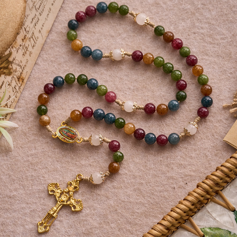 Bunte Rosenkranzkette aus Turmalinperlen mit quadratischem Symbol der Göttlichen Barmherzigkeit und goldenem Kruzifix von Christianartworkshop - image 8