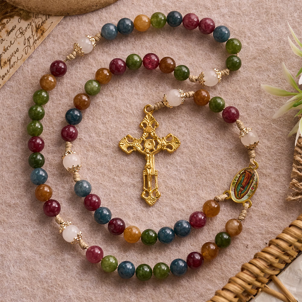 Bunte Rosenkranzkette aus Turmalinperlen mit quadratischem Symbol der Göttlichen Barmherzigkeit und goldenem Kruzifix von Christianartworkshop - image 11