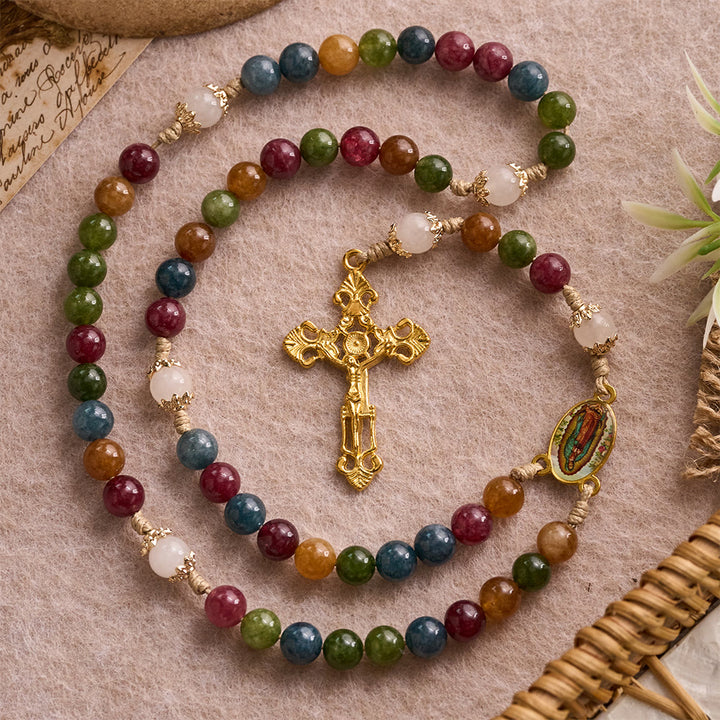 Bunte Rosenkranzkette aus Turmalinperlen mit quadratischem Symbol der Göttlichen Barmherzigkeit und goldenem Kruzifix von Christianartworkshop - image 11