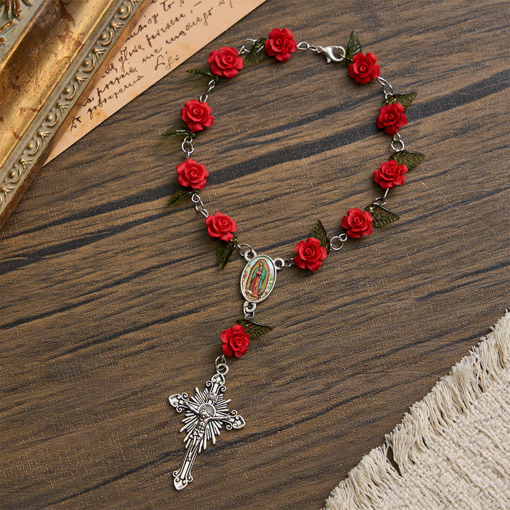 Christianartworkshop Heiliger roter Rosenkranz im Taschenformat mit Marienblumenverehrung - Unsere Liebe Frau und das Kruzifix - image 0