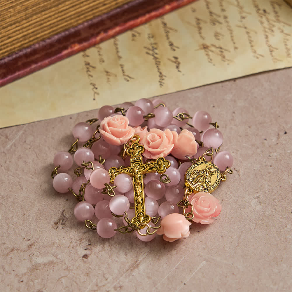 Christianartworkshop Leuchtend rosa Katzenaugen-Rosenkranz mit Rosen für die Marienverehrung - image 3