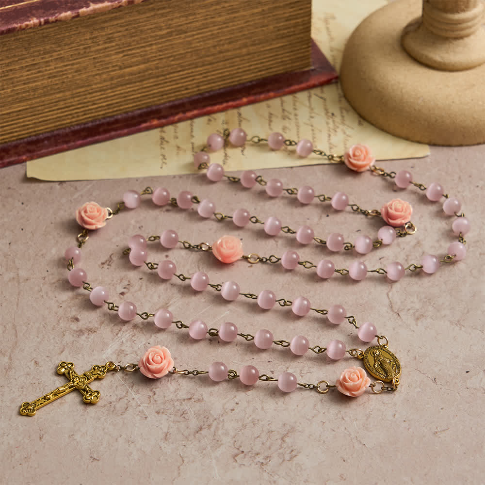 Christianartworkshop Leuchtend rosa Katzenaugen-Rosenkranz mit Rosen für die Marienverehrung - image 4