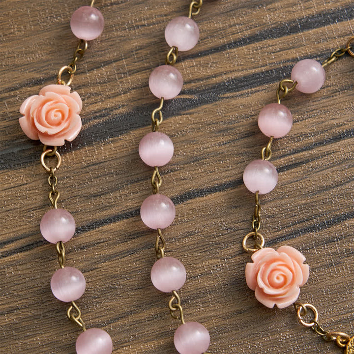 Christianartworkshop Leuchtend rosa Katzenaugen-Rosenkranz mit Rosen für die Marienverehrung - image 5
