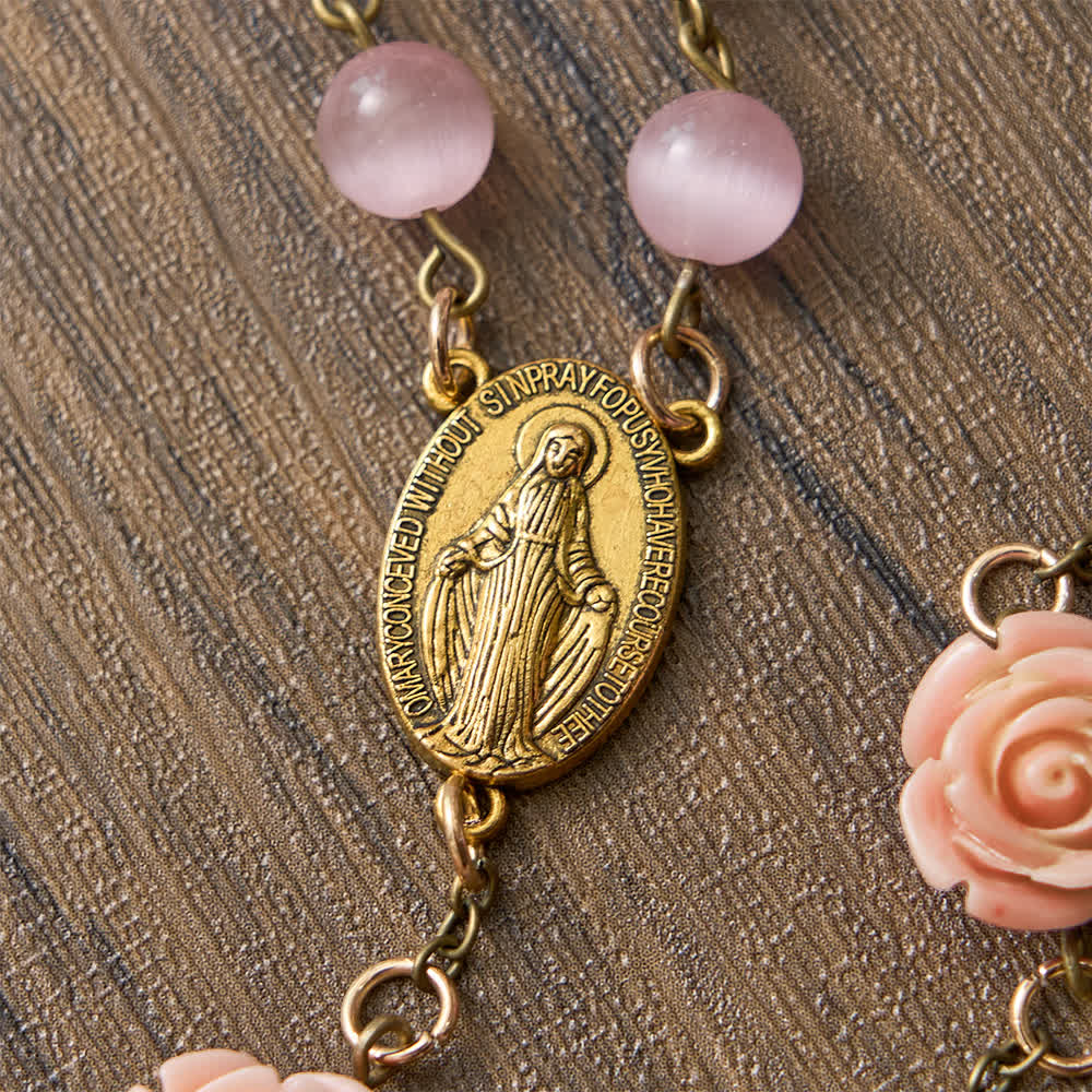 Christianartworkshop Leuchtend rosa Katzenaugen-Rosenkranz mit Rosen für die Marienverehrung - image 6