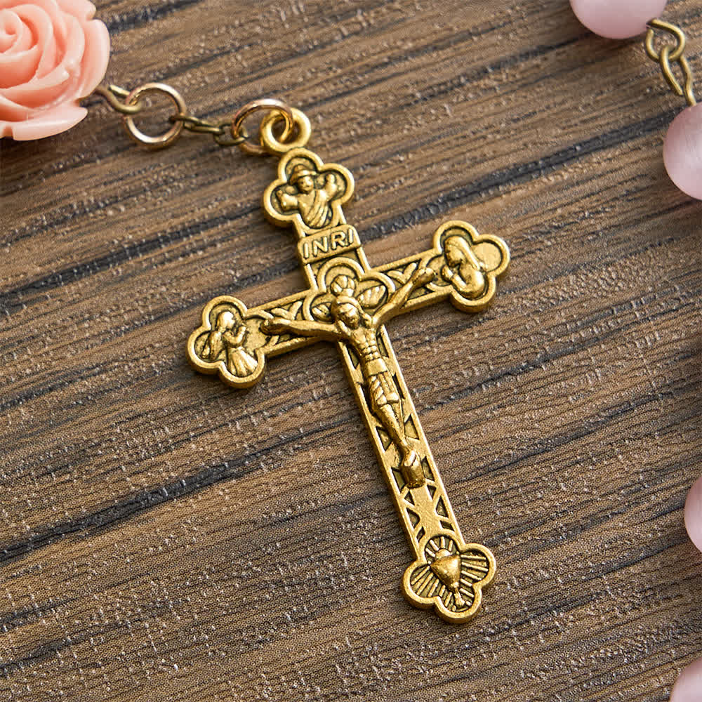 Christianartworkshop Leuchtend rosa Katzenaugen-Rosenkranz mit Rosen für die Marienverehrung - image 7