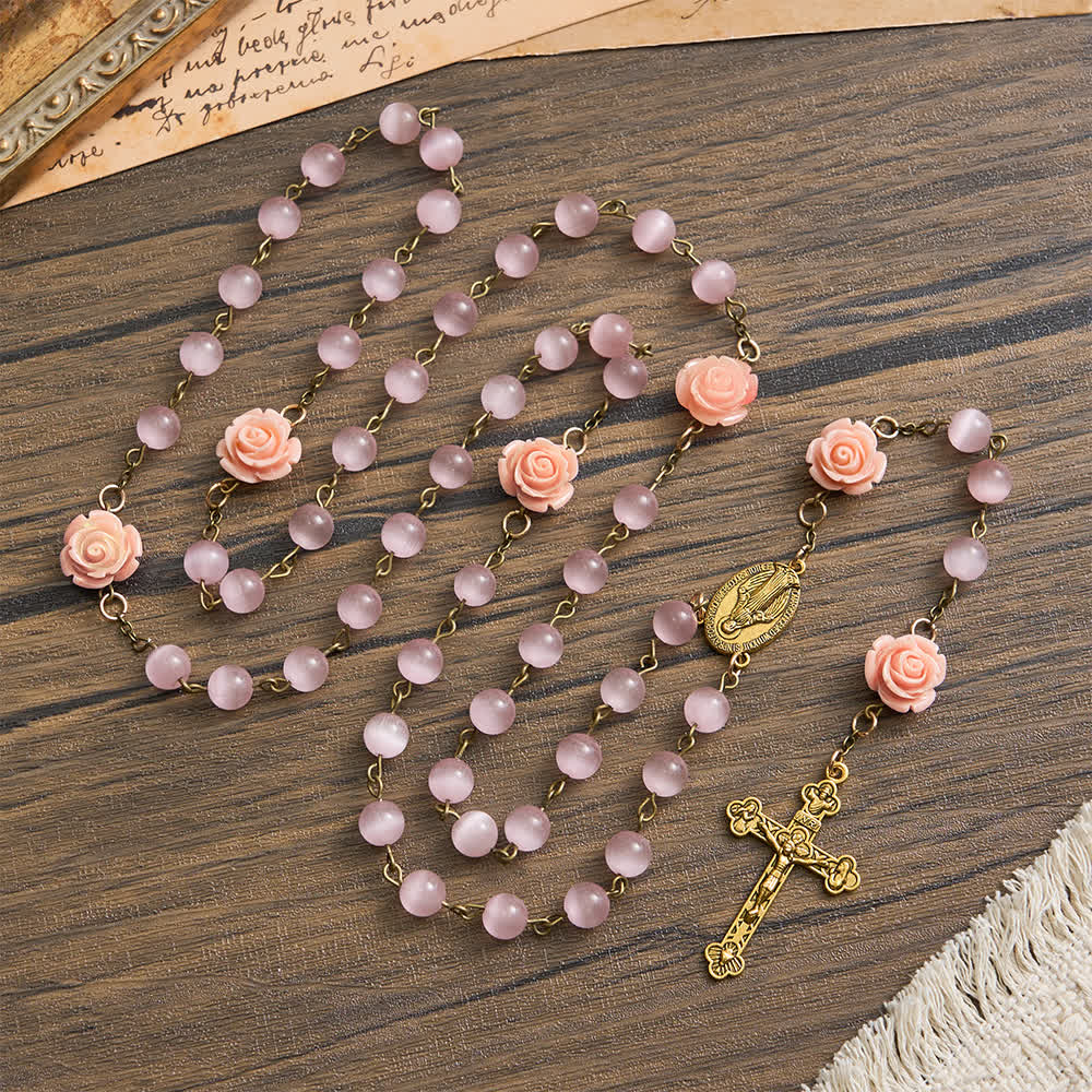 Christianartworkshop Leuchtend rosa Katzenaugen-Rosenkranz mit Rosen für die Marienverehrung - image 2