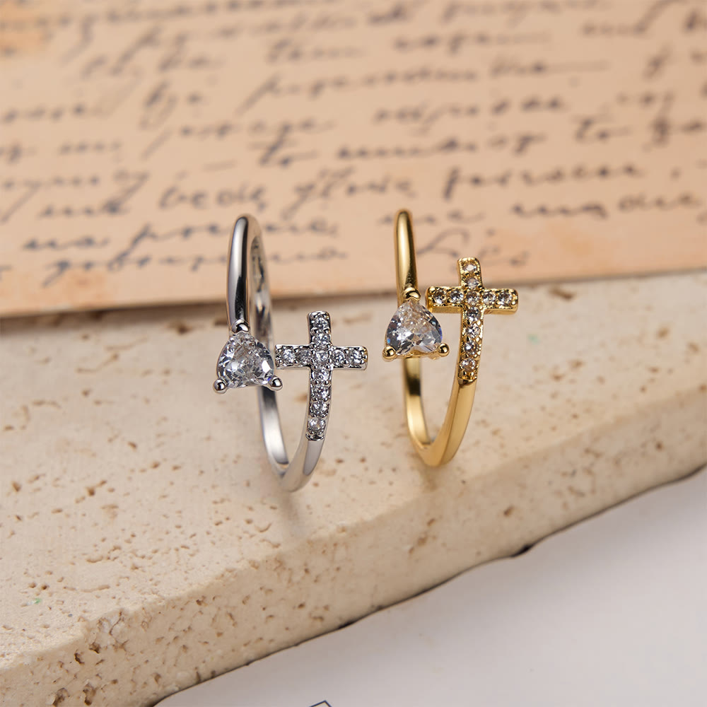 Christianartworkshop Zweifarbiger, verstellbarer Ring mit Zirkonia-Akzenten in Kreuz- und Herzform: Eine Erinnerung an heilige Gnade - image 1