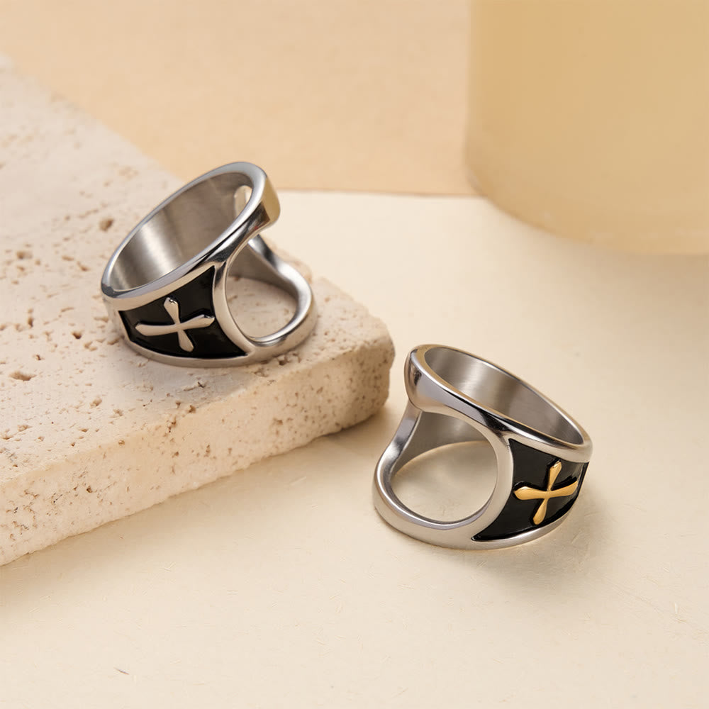 Christianartworkshop Klassischer Flaschenöffnerring mit Kreuzmotiv, zweifarbiger Ausführung und offenem Banddesign: Ein zeitloses Symbol der Hingabe - image 0