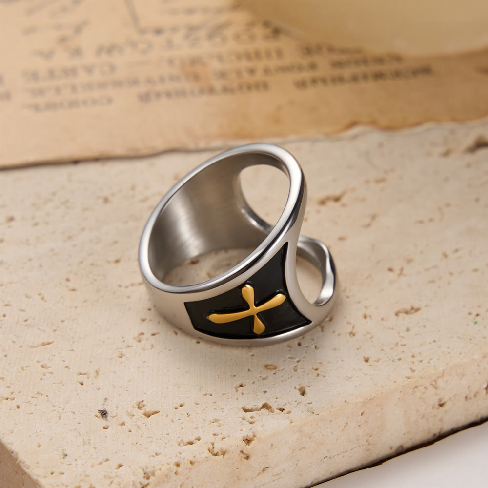 Christianartworkshop Klassischer Flaschenöffnerring mit Kreuzmotiv, zweifarbiger Ausführung und offenem Banddesign: Ein zeitloses Symbol der Hingabe - Golden - US 8 - image 4