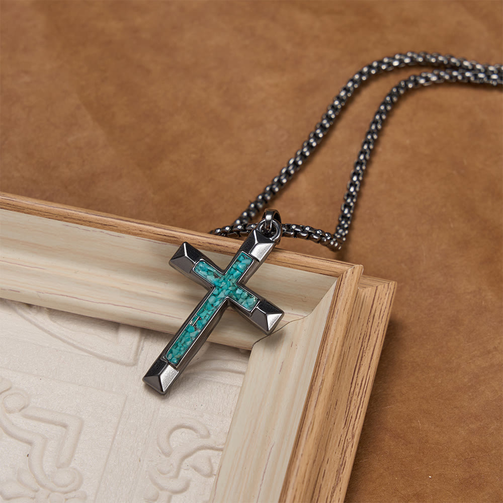 Christianartworkshop Halskette mit poliertem Metallkreuz und Türkis-Einlage: Eine Erinnerung an göttliche Gnade - image 1