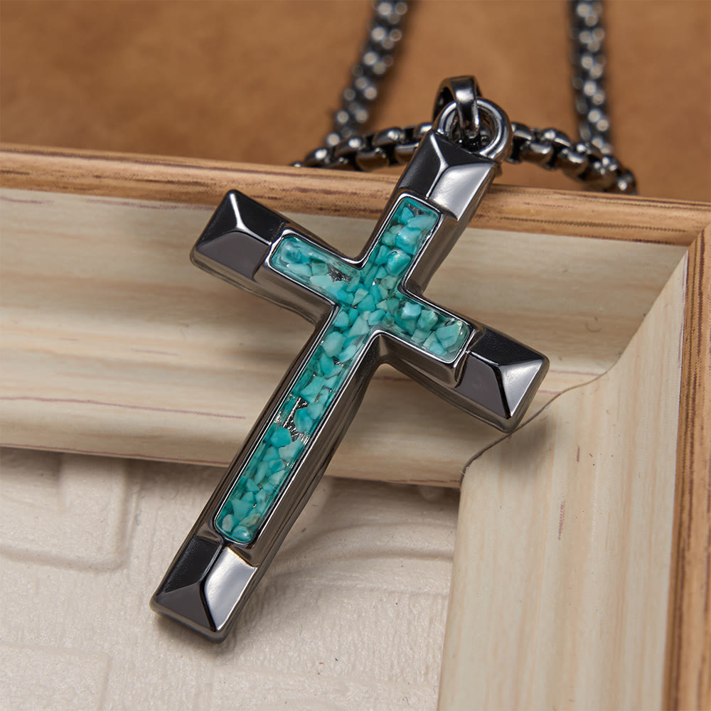 Christianartworkshop Halskette mit poliertem Metallkreuz und Türkis-Einlage: Eine Erinnerung an göttliche Gnade - Türkiskreuz - image 0