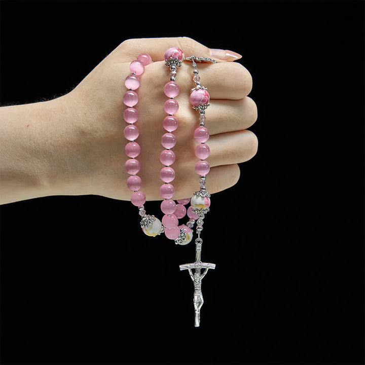 Christianartworkshop Eleganter rosa Rosenkranz mit Katzenaugenmotiv und floralen Marienverehrungsmotiven - image 1