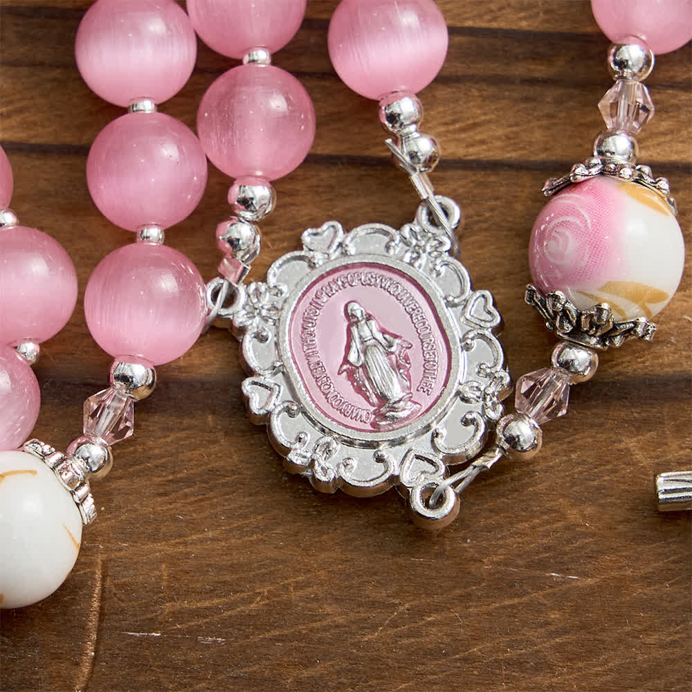 Christianartworkshop Eleganter rosa Rosenkranz mit Katzenaugenmotiv und floralen Marienverehrungsmotiven - image 8