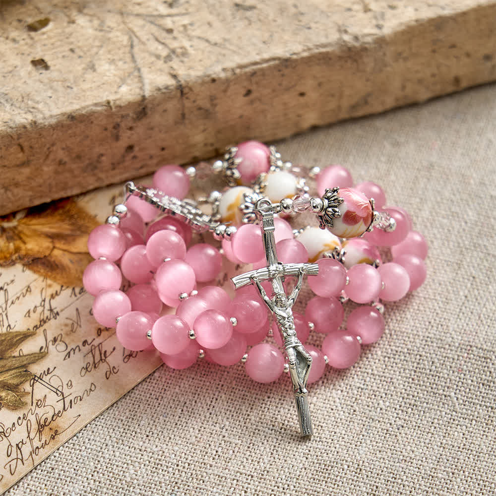 Christianartworkshop Eleganter rosa Rosenkranz mit Katzenaugenmotiv und floralen Marienverehrungsmotiven - image 5