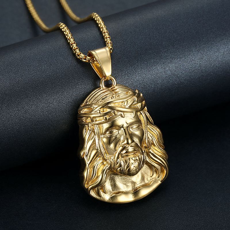 Christianartworkshop Jesuskopf-Anhänger mit Dornenkrone und Zirkonia-Akzenten: Ein Symbol für Opferbereitschaft und Gnade - Goldener glänzender Dorn - image 1